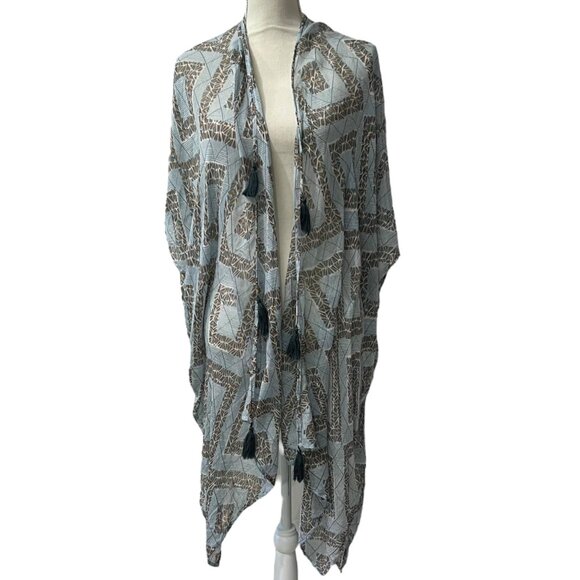 Vivante Blue & White Lightweight Gauze Boho Tasseled‎ Swim Cover Kimono - Picture 10 of 10